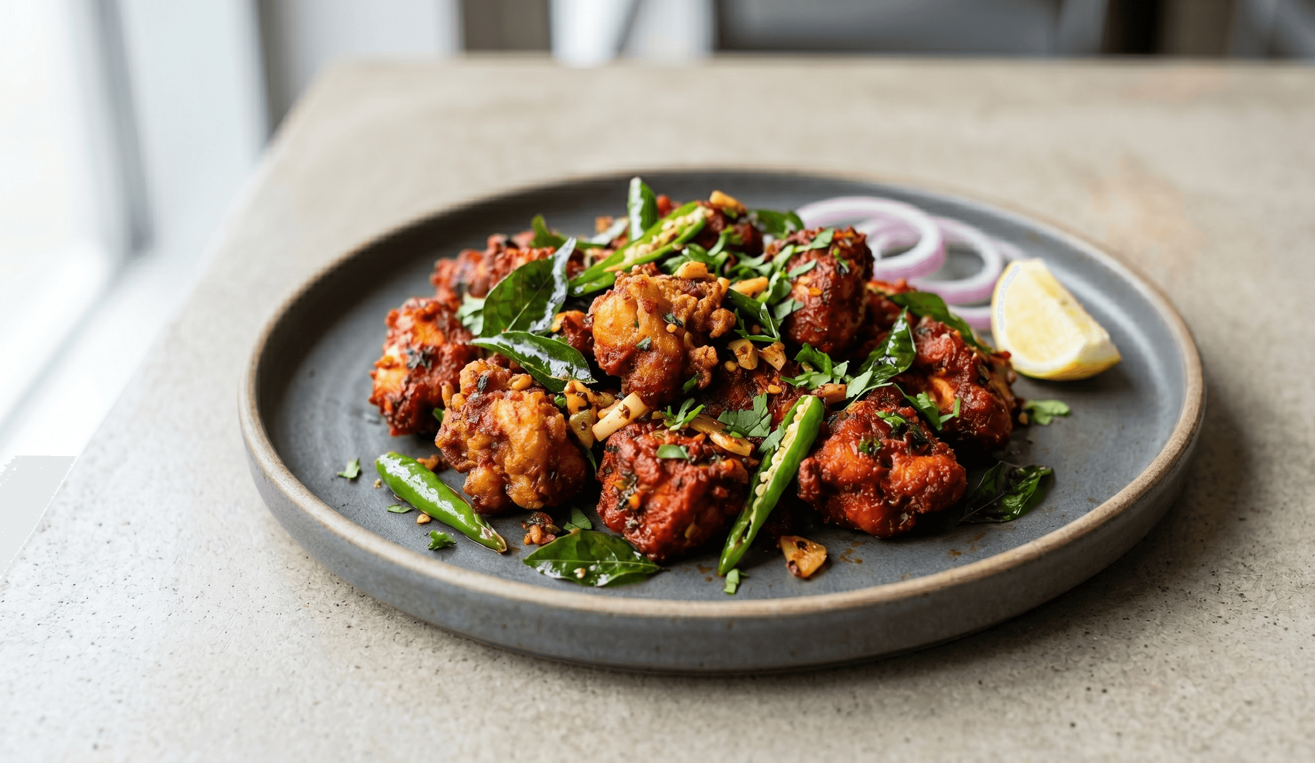 Chicken 65: crispy fried boneless chicken bites tossed with curry leaves and garlic
