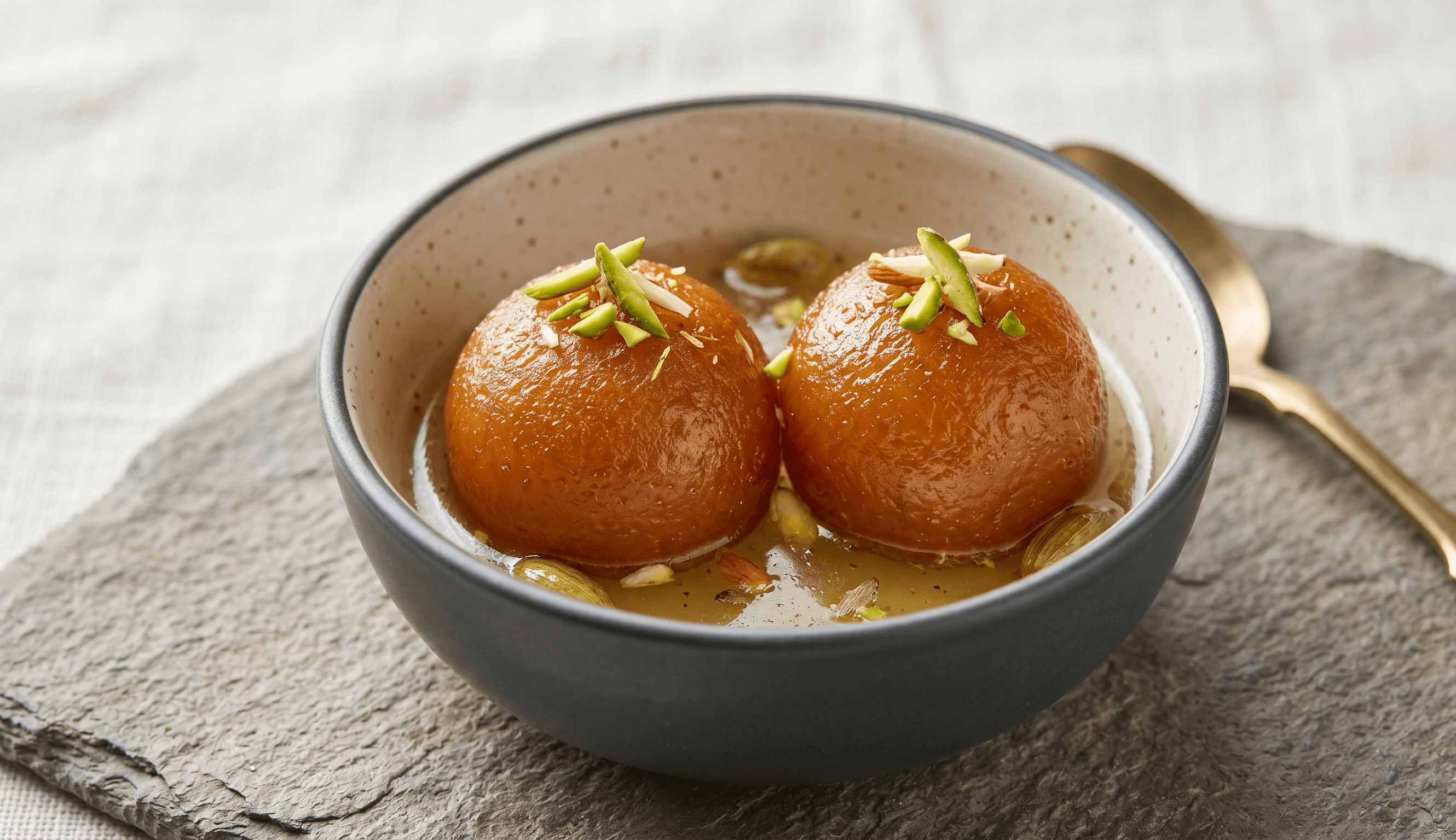 Gulab jamun: warm milk dumplings soaked in fragrant rose and cardamom syrup