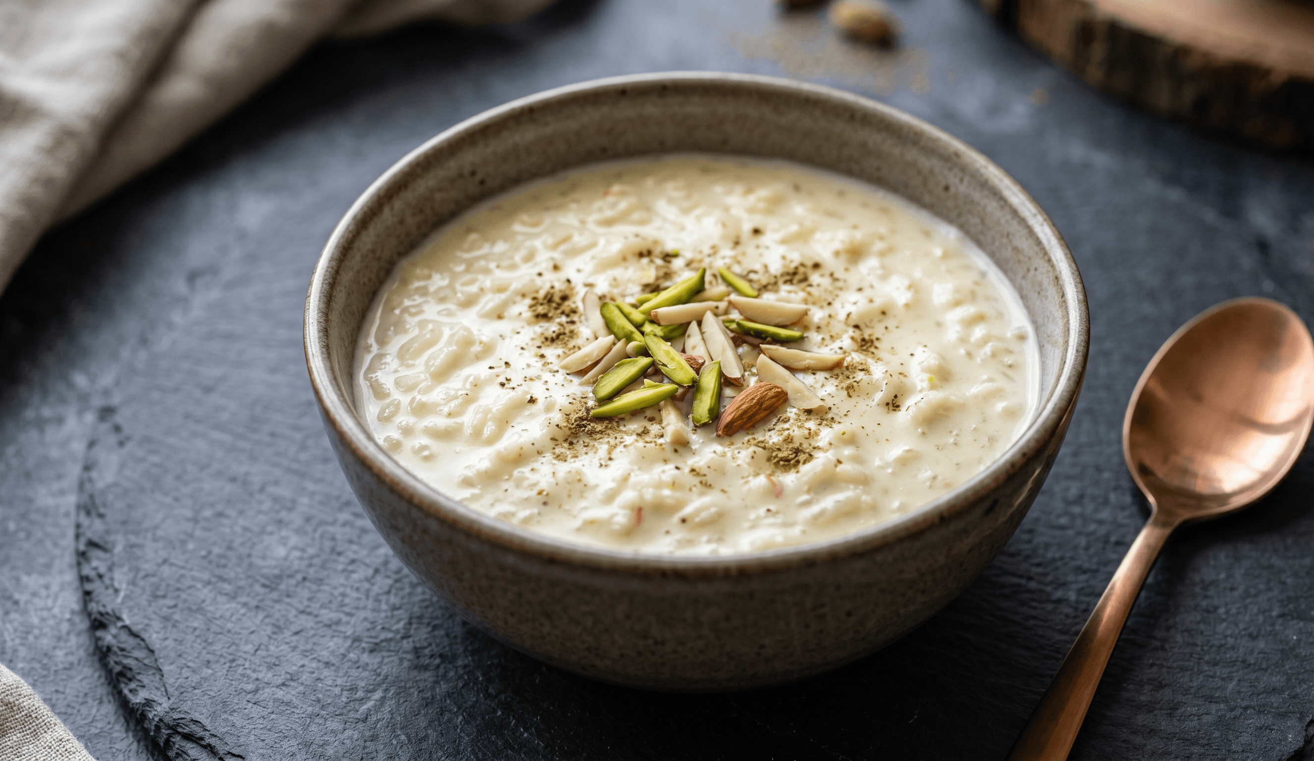 Kheer: creamy slow-simmered rice pudding with cardamom, saffron, and toasted nuts