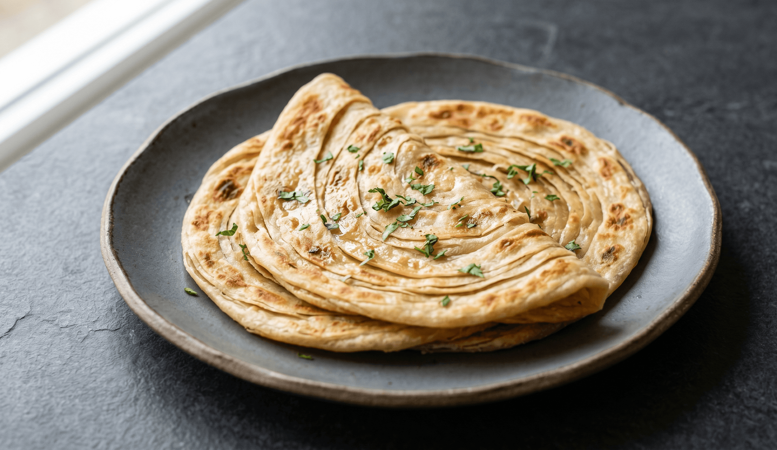 Flaky, multi-layered lacha paratha griddled until golden and crisp