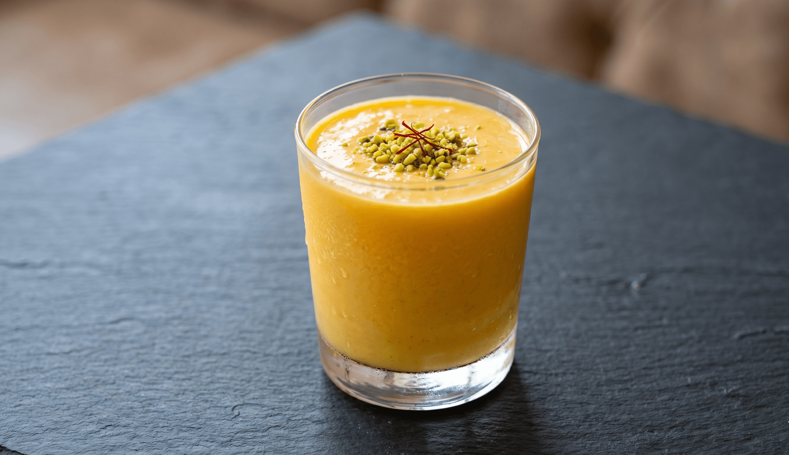 Mango lassi: thick yogurt smoothie blended with ripe mango and a touch of rose water