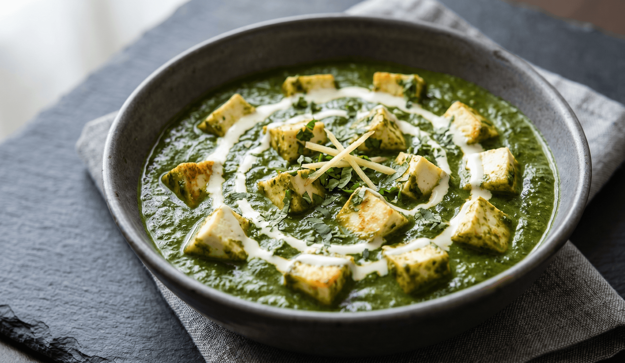 Palak paneer: soft paneer cubes simmered in a spiced fresh spinach gravy