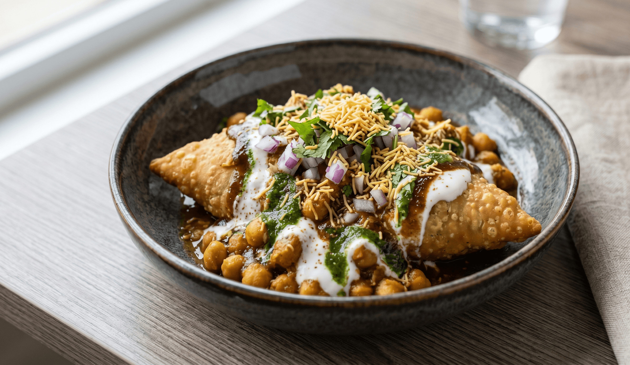 Samosa chaat topped with spiced chickpeas, cool yogurt, and tangy tamarind chutney