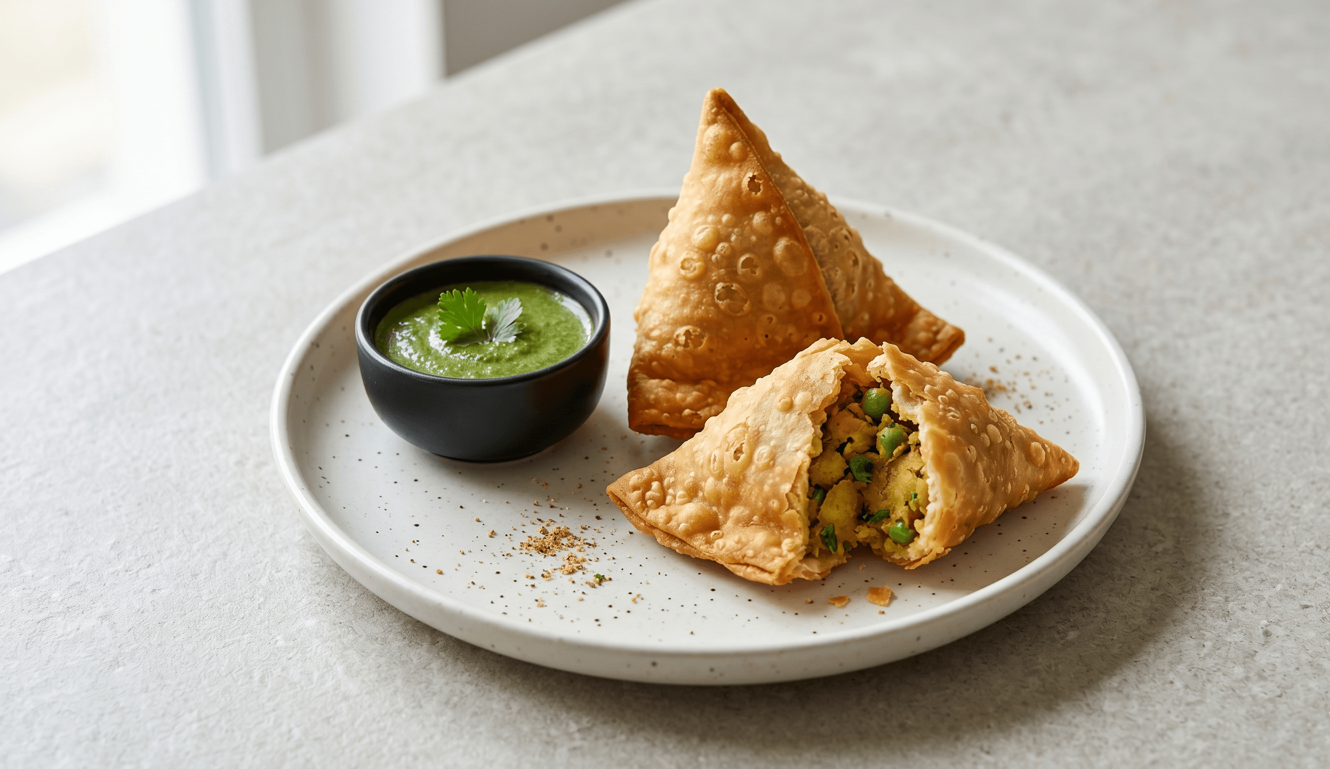 Crispy golden vegetable samosas served with sweet tamarind chutney