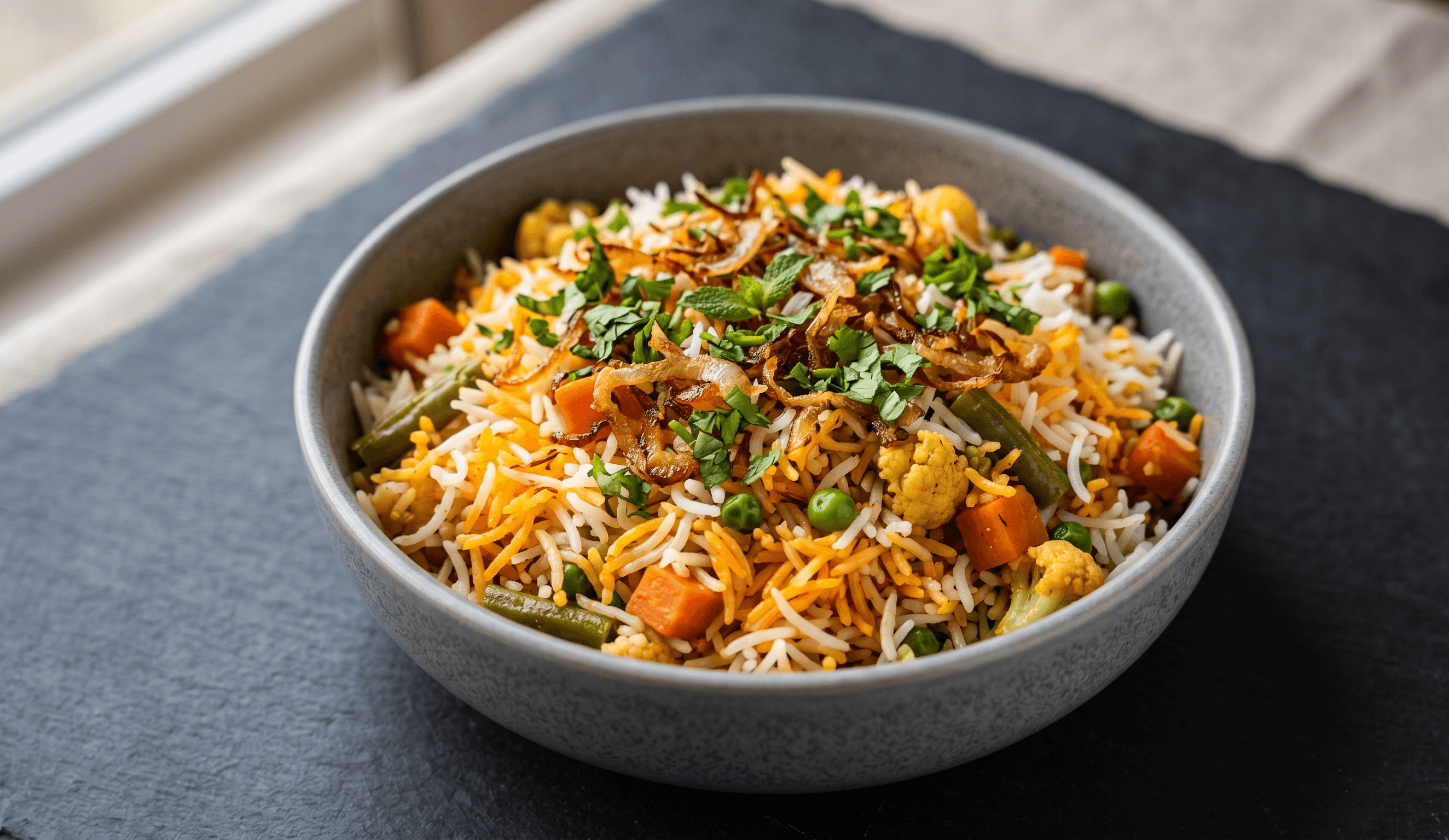 Fragrant vegetable biryani with saffron basmati rice, seasonal vegetables, and whole aromatic spices