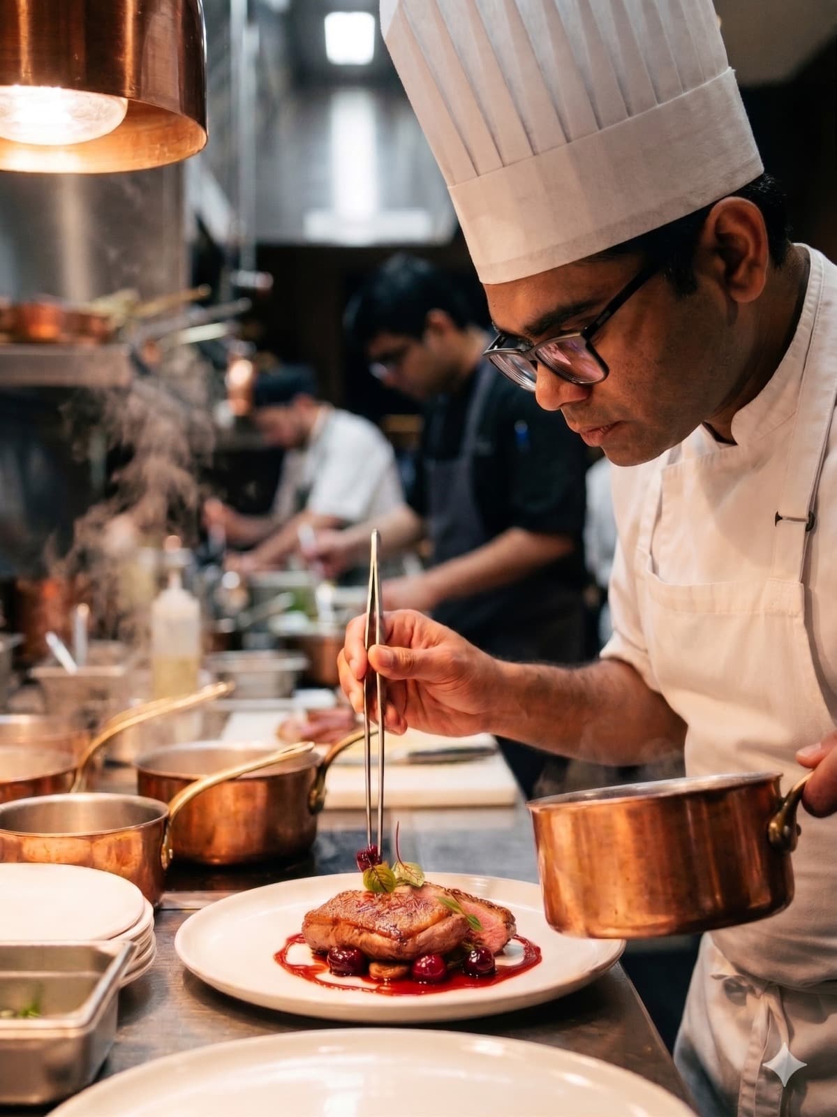 Executive Chef Jahir Shaikh plating an authentic Indian signature dish in the Zaika kitchen, Victoria BC