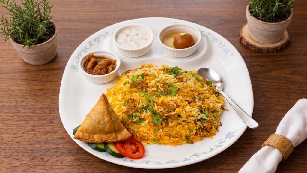 Chicken Dum Biryani platter with samosa, raita, pickle, and gulab jamun at Zaika by JJ