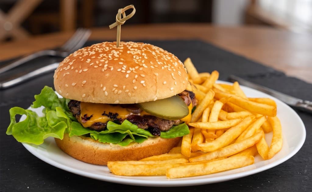 Chef Special Burger at Zaika: sesame bun, melted cheese, pickle, lettuce, and crispy fries