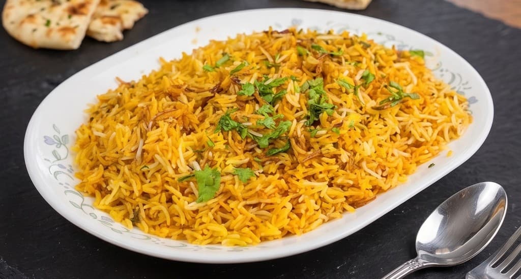 Lucknow Chicken Dum Biryani at Zaika by JJ, saffron basmati rice with tender chicken and fresh cilantro