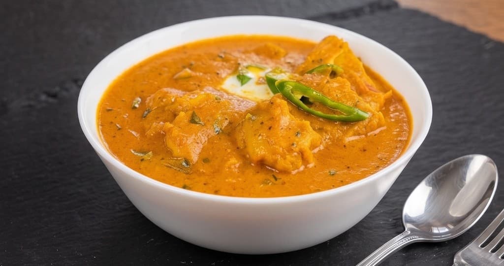 Kerala Special Coconut Chicken in a creamy orange gravy finished with cream and green chili