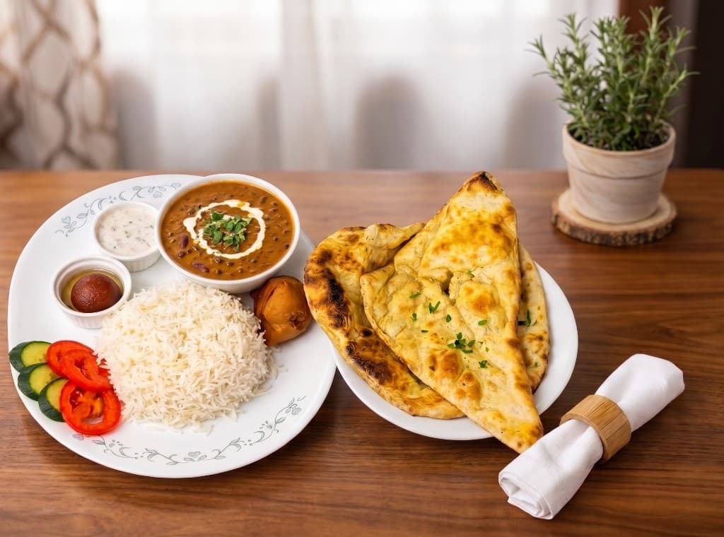 Mother's Special Dal Makhani combo with rice, raita, gulab jamun, samosa, and garlic naan