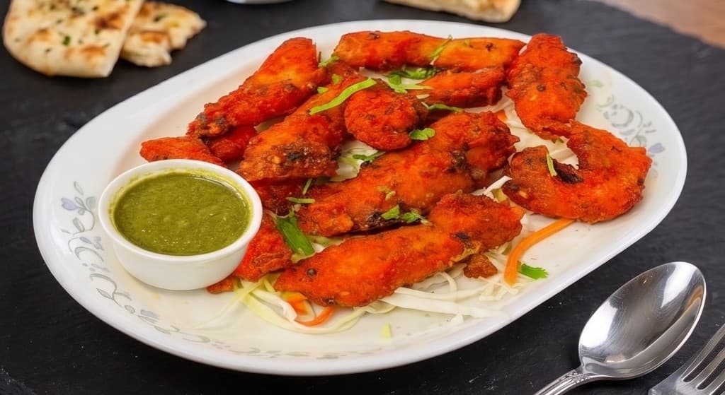 Amritsari Fish Pakoda, crispy spiced fish fritters with green chutney and fresh cabbage
