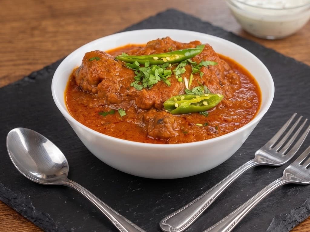 Kolkata Chicken Chaap in a rich melon-seed gravy, garnished with green chili and cilantro