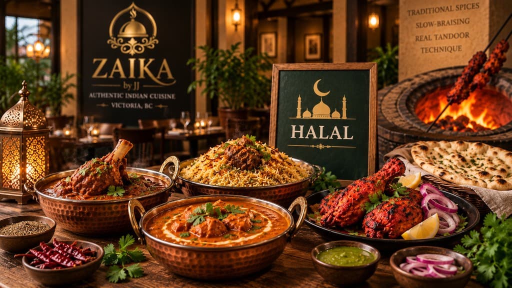 Halal Indian food spread at Zaika by JJ in Victoria, BC — biryani, butter chicken, lamb curry, and tandoori chicken with a Halal sign