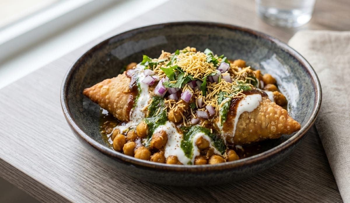 Old Delhi samosa chaat topped with yogurt and chutneys at Zaika by JJ in Victoria, BC