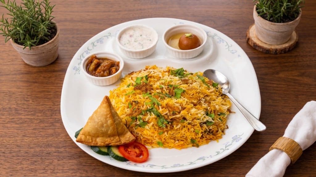 Chicken dum biryani with samosa, raita and gulab jamun from Zaika by JJ, Indian takeout in Victoria, BC