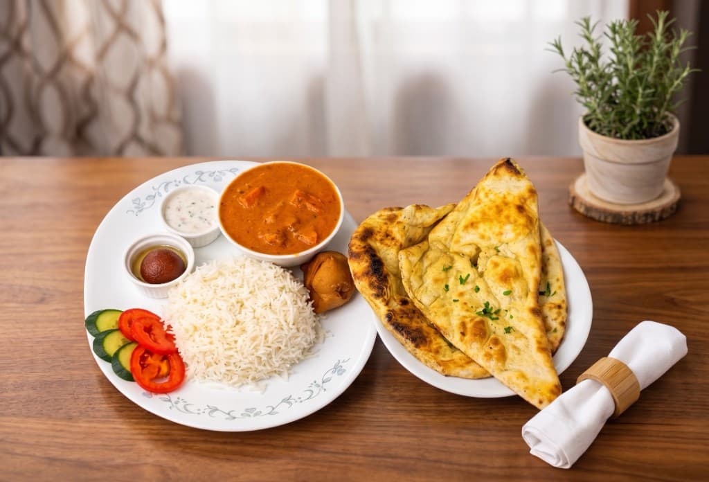 Butter chicken, basmati rice and garlic naan on a table at Zaika by JJ, an Indian restaurant in Victoria, BC